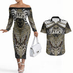 Aotearoa Iwi Waikato Tainui Personalised Couples Matching Off The Shoulder Long Sleeve Dress and Hawaiian Shirt Maori Kowhaiwhai Pattern