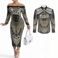 Aotearoa Iwi Waikato Tainui Personalised Couples Matching Off The Shoulder Long Sleeve Dress and Long Sleeve Button Shirt Maori Kowhaiwhai Pattern