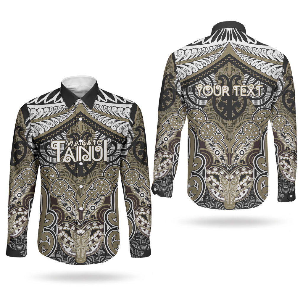 Aotearoa Iwi Waikato Tainui Personalised Couples Matching Off The Shoulder Long Sleeve Dress and Long Sleeve Button Shirt Maori Kowhaiwhai Pattern