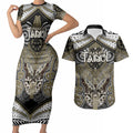 Aotearoa Iwi Waikato Tainui Personalised Couples Matching Short Sleeve Bodycon Dress and Hawaiian Shirt Maori Kowhaiwhai Pattern