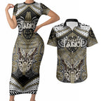 Aotearoa Iwi Waikato Tainui Personalised Couples Matching Short Sleeve Bodycon Dress and Hawaiian Shirt Maori Kowhaiwhai Pattern