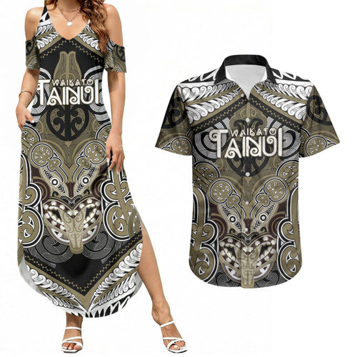 Aotearoa Iwi Waikato Tainui Personalised Couples Matching Summer Maxi Dress and Hawaiian Shirt Maori Kowhaiwhai Pattern