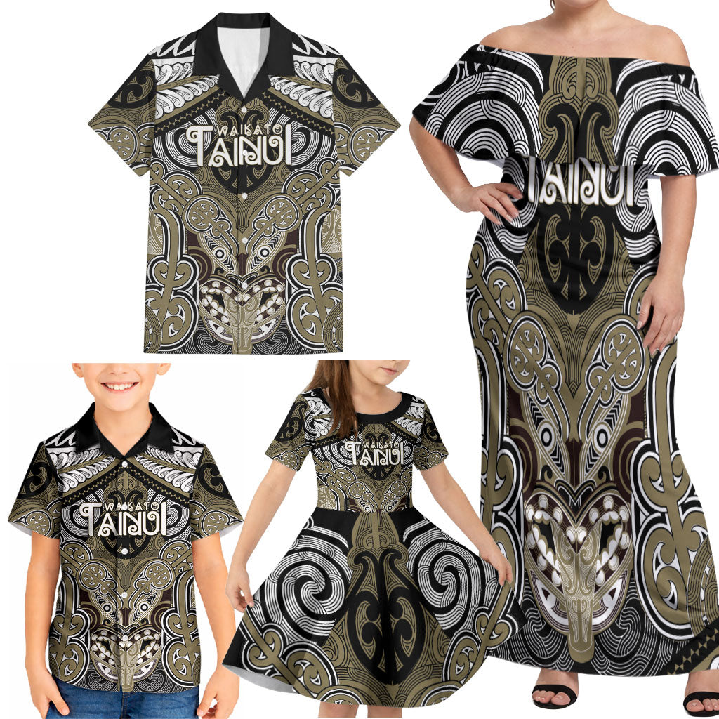 Aotearoa Iwi Waikato Tainui Personalised Family Matching Off Shoulder Maxi Dress and Hawaiian Shirt Maori Kowhaiwhai Pattern