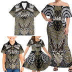 Aotearoa Iwi Waikato Tainui Personalised Family Matching Off Shoulder Maxi Dress and Hawaiian Shirt Maori Kowhaiwhai Pattern
