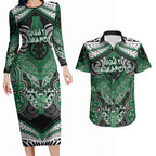 Aotearoa Iwi Ngati Maniapoto Personalised Couples Matching Long Sleeve Bodycon Dress and Hawaiian Shirt Maori Kowhaiwhai Pattern