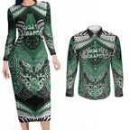 Aotearoa Iwi Ngati Maniapoto Personalised Couples Matching Long Sleeve Bodycon Dress and Long Sleeve Button Shirt Maori Kowhaiwhai Pattern
