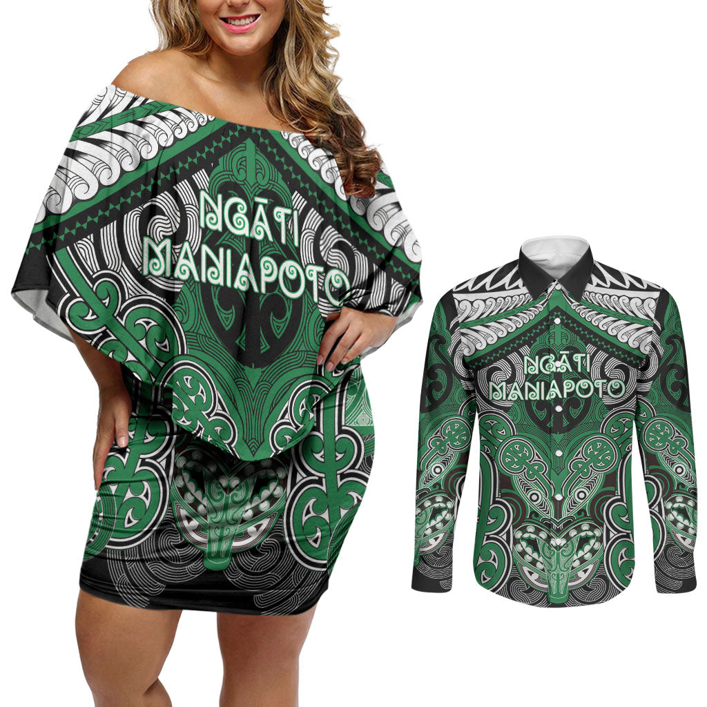Aotearoa Iwi Ngati Maniapoto Personalised Couples Matching Off Shoulder Short Dress and Long Sleeve Button Shirt Maori Kowhaiwhai Pattern
