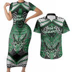 Aotearoa Iwi Ngati Maniapoto Personalised Couples Matching Short Sleeve Bodycon Dress and Hawaiian Shirt Maori Kowhaiwhai Pattern