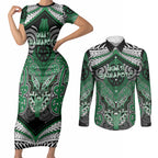 Aotearoa Iwi Ngati Maniapoto Personalised Couples Matching Short Sleeve Bodycon Dress and Long Sleeve Button Shirt Maori Kowhaiwhai Pattern