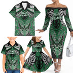 Aotearoa Iwi Ngati Maniapoto Personalised Family Matching Off The Shoulder Long Sleeve Dress and Hawaiian Shirt Maori Kowhaiwhai Pattern