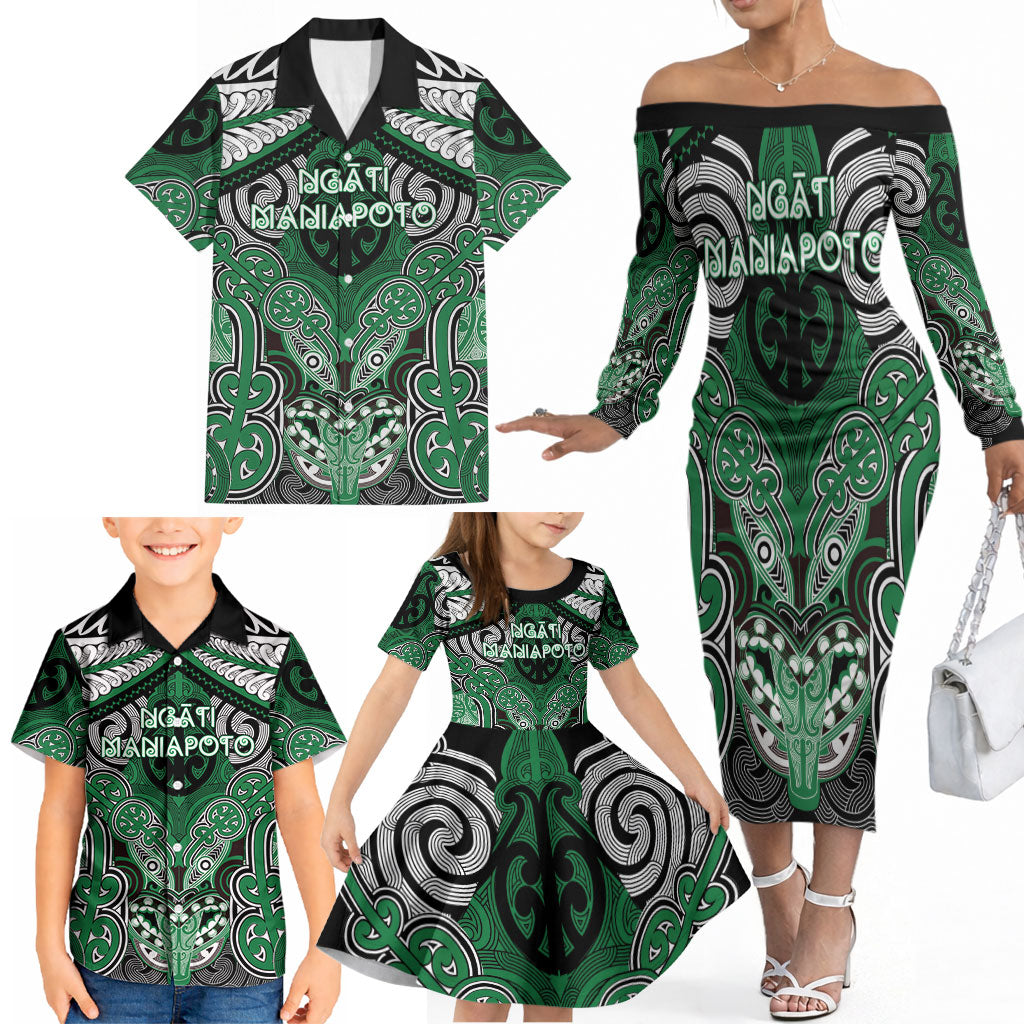 Aotearoa Iwi Ngati Maniapoto Personalised Family Matching Off The Shoulder Long Sleeve Dress and Hawaiian Shirt Maori Kowhaiwhai Pattern