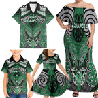 Aotearoa Iwi Ngati Maniapoto Personalised Family Matching Off Shoulder Maxi Dress and Hawaiian Shirt Maori Kowhaiwhai Pattern