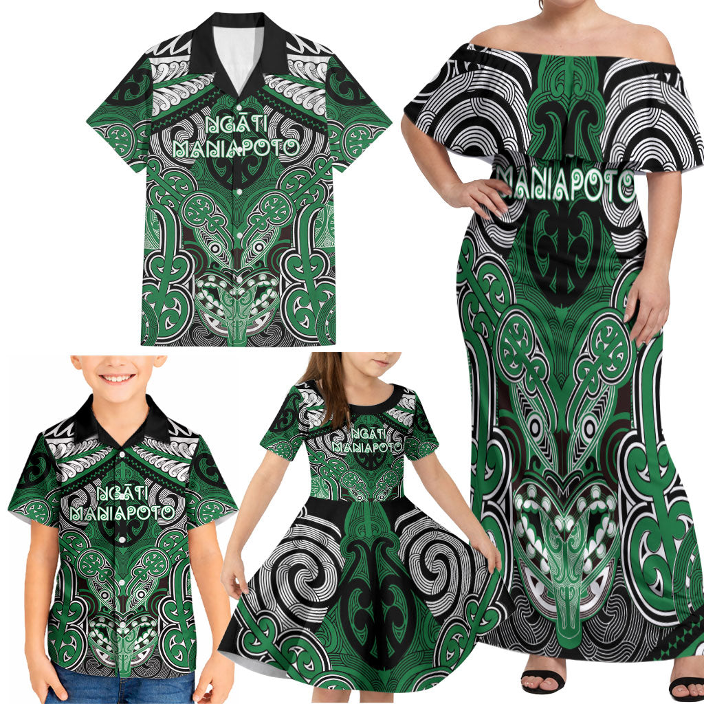 Aotearoa Iwi Ngati Maniapoto Personalised Family Matching Off Shoulder Maxi Dress and Hawaiian Shirt Maori Kowhaiwhai Pattern