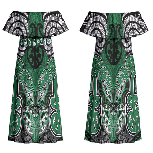 Aotearoa Iwi Ngati Maniapoto Personalised Family Matching Off Shoulder Maxi Dress and Hawaiian Shirt Maori Kowhaiwhai Pattern