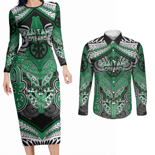 Aotearoa Iwi Ngai Tahu Personalised Couples Matching Long Sleeve Bodycon Dress and Long Sleeve Button Shirt Maori Kowhaiwhai Pattern