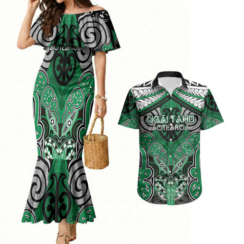 Aotearoa Iwi Ngai Tahu Personalised Couples Matching Mermaid Dress and Hawaiian Shirt Maori Kowhaiwhai Pattern