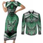 Aotearoa Iwi Ngai Tahu Personalised Couples Matching Short Sleeve Bodycon Dress and Long Sleeve Button Shirt Maori Kowhaiwhai Pattern