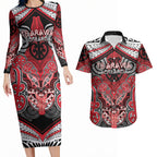 Aotearoa Iwi Te Arawa Personalised Couples Matching Long Sleeve Bodycon Dress and Hawaiian Shirt Maori Kowhaiwhai Pattern