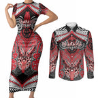 Aotearoa Iwi Te Arawa Personalised Couples Matching Short Sleeve Bodycon Dress and Long Sleeve Button Shirt Maori Kowhaiwhai Pattern