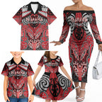Aotearoa Iwi Te Arawa Personalised Family Matching Off The Shoulder Long Sleeve Dress and Hawaiian Shirt Maori Kowhaiwhai Pattern