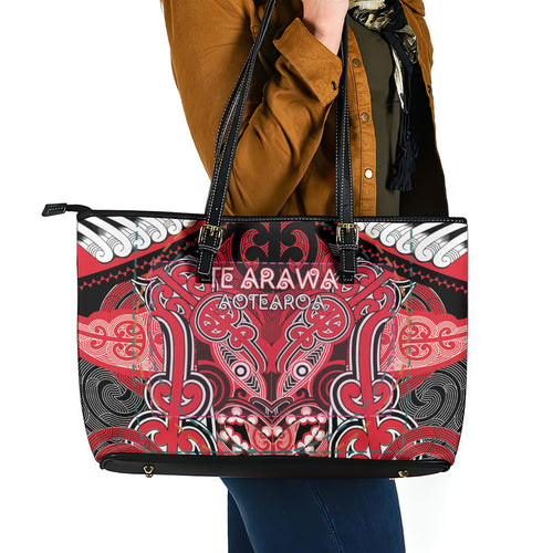 Aotearoa Iwi Te Arawa Leather Tote Bag Maori Kowhaiwhai Pattern