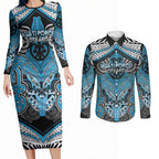 Aotearoa Iwi Ngati Porou Personalised Couples Matching Long Sleeve Bodycon Dress and Long Sleeve Button Shirt Maori Kowhaiwhai Pattern