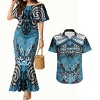 Aotearoa Iwi Ngati Porou Personalised Couples Matching Mermaid Dress and Hawaiian Shirt Maori Kowhaiwhai Pattern