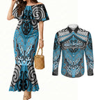 Aotearoa Iwi Ngati Porou Personalised Couples Matching Mermaid Dress and Long Sleeve Button Shirt Maori Kowhaiwhai Pattern