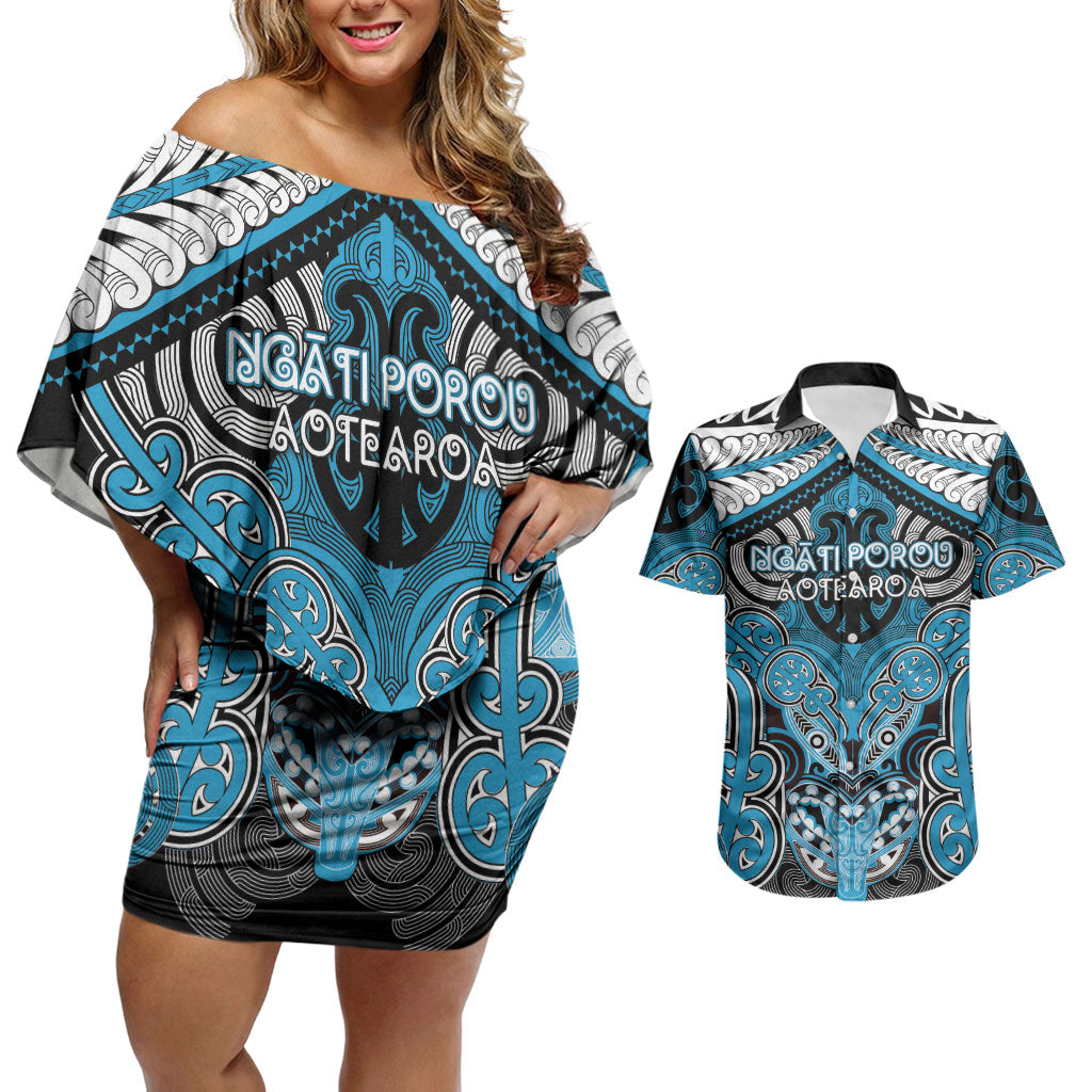 Aotearoa Iwi Ngati Porou Personalised Couples Matching Off Shoulder Short Dress and Hawaiian Shirt Maori Kowhaiwhai Pattern