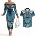 Aotearoa Iwi Ngati Porou Personalised Couples Matching Off The Shoulder Long Sleeve Dress and Hawaiian Shirt Maori Kowhaiwhai Pattern