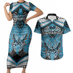 Aotearoa Iwi Ngati Porou Personalised Couples Matching Short Sleeve Bodycon Dress and Hawaiian Shirt Maori Kowhaiwhai Pattern
