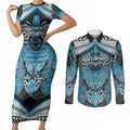 Aotearoa Iwi Ngati Porou Personalised Couples Matching Short Sleeve Bodycon Dress and Long Sleeve Button Shirt Maori Kowhaiwhai Pattern