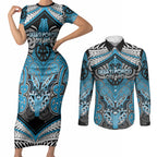 Aotearoa Iwi Ngati Porou Personalised Couples Matching Short Sleeve Bodycon Dress and Long Sleeve Button Shirt Maori Kowhaiwhai Pattern