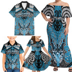 Aotearoa Iwi Ngati Porou Personalised Family Matching Off Shoulder Maxi Dress and Hawaiian Shirt Maori Kowhaiwhai Pattern