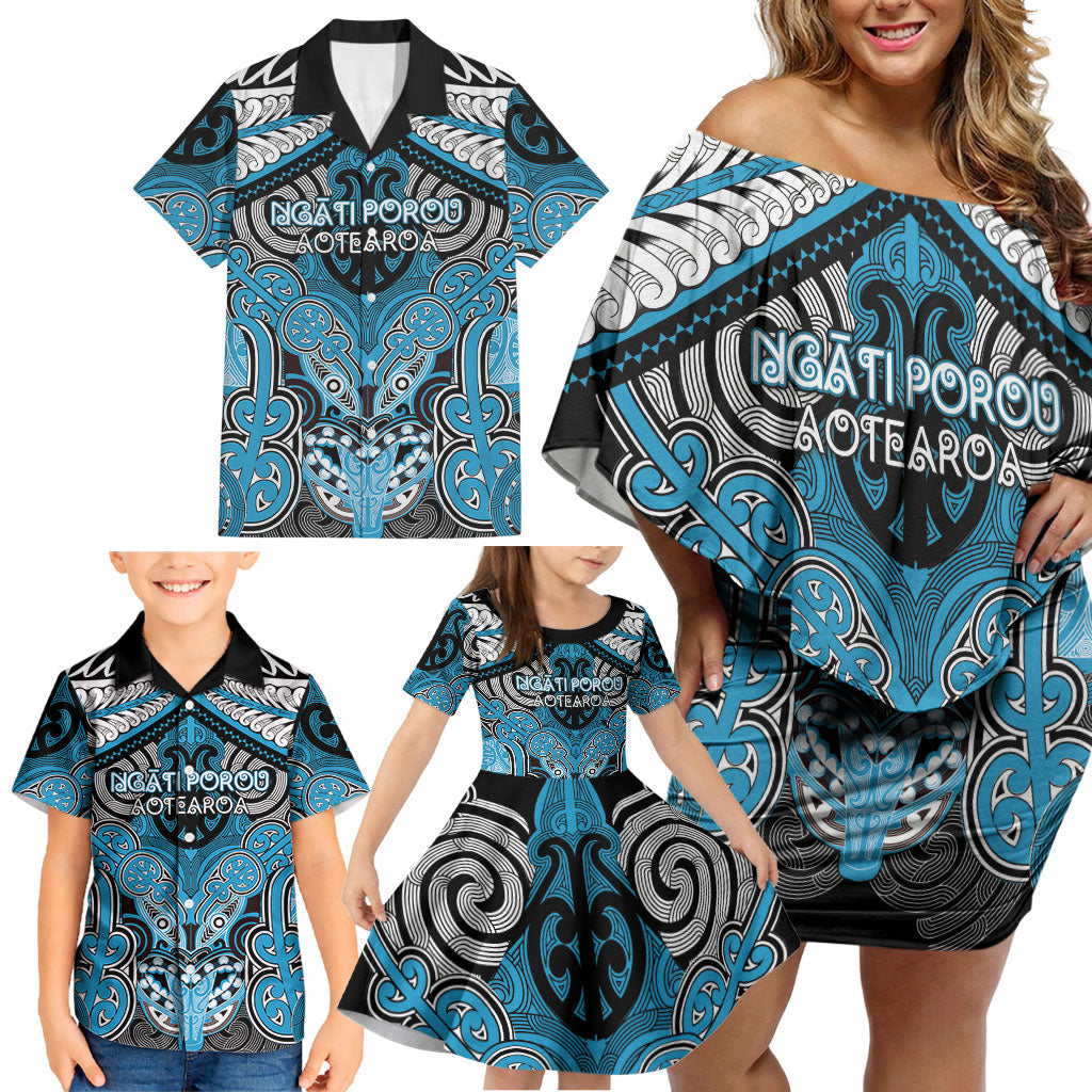 Aotearoa Iwi Ngati Porou Personalised Family Matching Off Shoulder Short Dress and Hawaiian Shirt Maori Kowhaiwhai Pattern