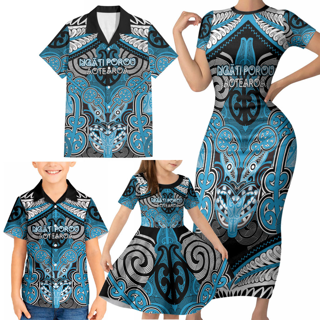 Aotearoa Iwi Ngati Porou Personalised Family Matching Short Sleeve Bodycon Dress and Hawaiian Shirt Maori Kowhaiwhai Pattern