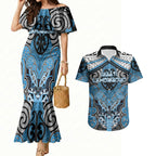 Aotearoa Iwi Ngati Kahungunu Personalised Couples Matching Mermaid Dress and Hawaiian Shirt Maori Kowhaiwhai Pattern