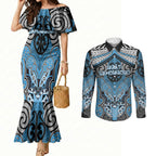 Aotearoa Iwi Ngati Kahungunu Personalised Couples Matching Mermaid Dress and Long Sleeve Button Shirt Maori Kowhaiwhai Pattern