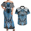 Aotearoa Iwi Ngati Kahungunu Personalised Couples Matching Off Shoulder Maxi Dress and Hawaiian Shirt Maori Kowhaiwhai Pattern