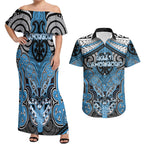 Aotearoa Iwi Ngati Kahungunu Personalised Couples Matching Off Shoulder Maxi Dress and Hawaiian Shirt Maori Kowhaiwhai Pattern