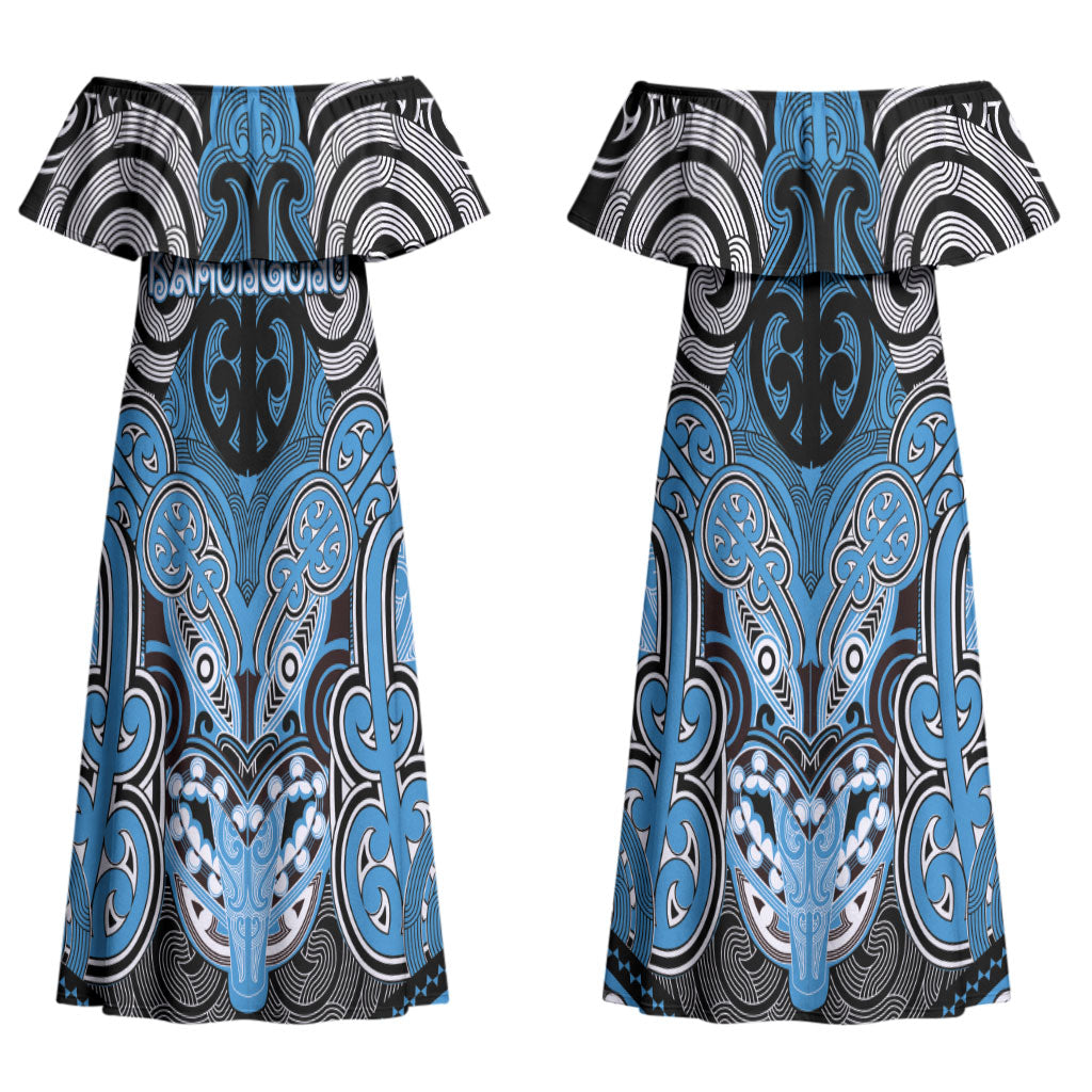 Aotearoa Iwi Ngati Kahungunu Personalised Couples Matching Off Shoulder Maxi Dress and Hawaiian Shirt Maori Kowhaiwhai Pattern