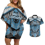 Aotearoa Iwi Ngati Kahungunu Personalised Couples Matching Off Shoulder Short Dress and Hawaiian Shirt Maori Kowhaiwhai Pattern