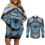 Aotearoa Iwi Ngati Kahungunu Personalised Couples Matching Off Shoulder Short Dress and Long Sleeve Button Shirt Maori Kowhaiwhai Pattern