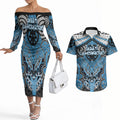 Aotearoa Iwi Ngati Kahungunu Personalised Couples Matching Off The Shoulder Long Sleeve Dress and Hawaiian Shirt Maori Kowhaiwhai Pattern