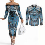Aotearoa Iwi Ngati Kahungunu Personalised Couples Matching Off The Shoulder Long Sleeve Dress and Long Sleeve Button Shirt Maori Kowhaiwhai Pattern