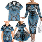 Aotearoa Iwi Ngati Kahungunu Personalised Family Matching Off The Shoulder Long Sleeve Dress and Hawaiian Shirt Maori Kowhaiwhai Pattern
