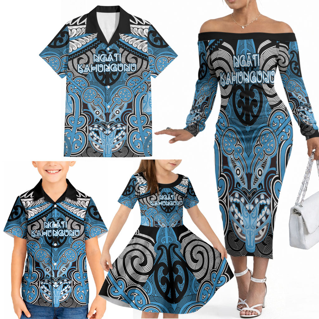 Aotearoa Iwi Ngati Kahungunu Personalised Family Matching Off The Shoulder Long Sleeve Dress and Hawaiian Shirt Maori Kowhaiwhai Pattern