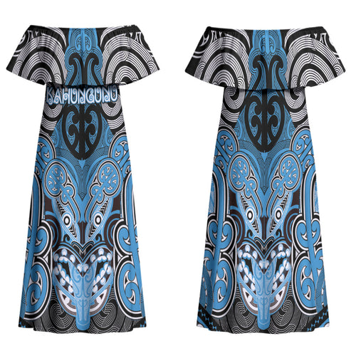 Aotearoa Iwi Ngati Kahungunu Personalised Family Matching Off Shoulder Maxi Dress and Hawaiian Shirt Maori Kowhaiwhai Pattern