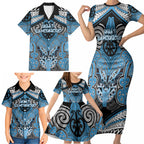 Aotearoa Iwi Ngati Kahungunu Personalised Family Matching Short Sleeve Bodycon Dress and Hawaiian Shirt Maori Kowhaiwhai Pattern