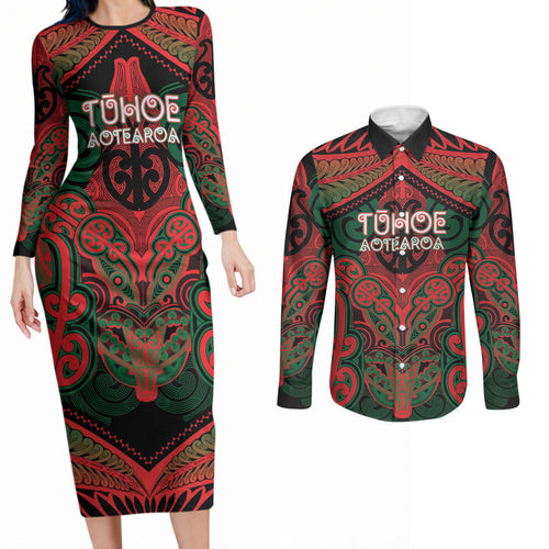 Aotearoa Iwi Tuhoe Personalised Couples Matching Long Sleeve Bodycon Dress and Long Sleeve Button Shirt Maori Kowhaiwhai Pattern